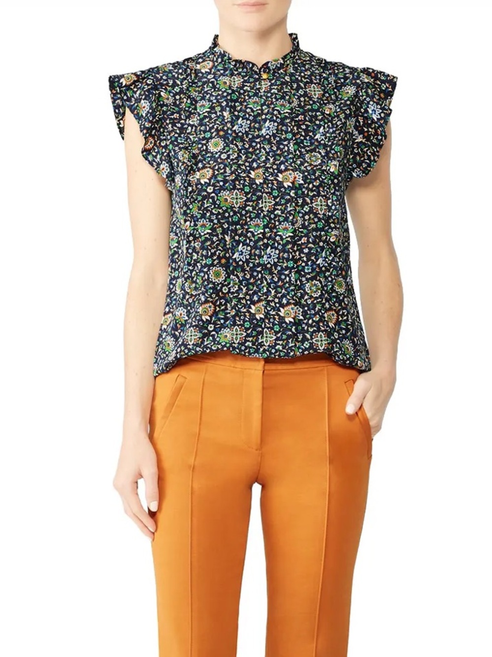 Tory Burch Printed Ruffle Shell Top vibrant multicolor divergent floral motif 4